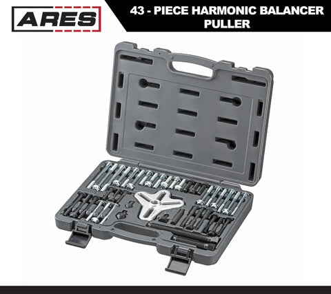 Open case displaying 43-Piece Harmonic Balancer Puller Kit With Heavy-Duty 4-Way Slotted Yoke, Pro-Grade Center Forcing Screw