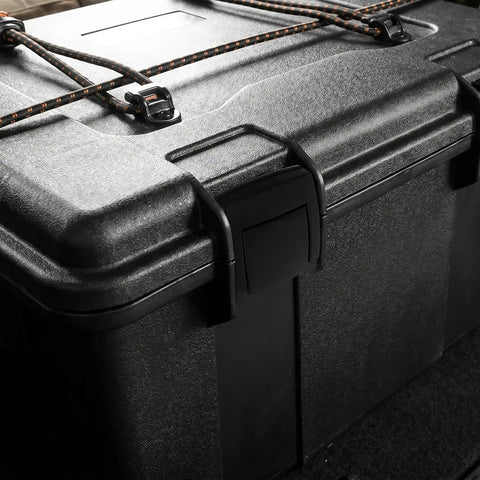 Two Pack Heavy Duty Alloy Toggle Latch Set For Suitcases And Cabinets Black Flatbottom Keyless Closure installed on storage box