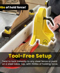Vertical Featherboard Pro Table Saw Safety Attachment For Woodworking Shops in use on table saw, yellow tool, magnetized