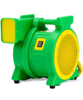 Green and yellow 1 HP air blower, Kickin High Flow Power for bounce houses, slides, outdoor parties, large inflatables