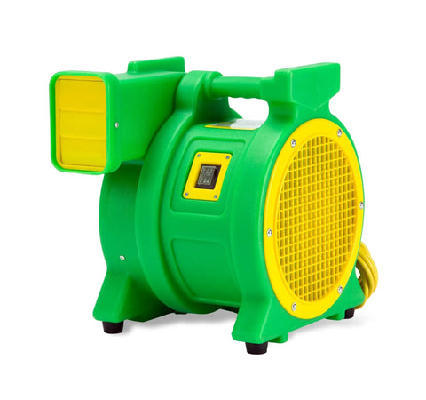 Green and yellow 1 HP air blower, Kickin High Flow Power for bounce houses, slides, outdoor parties, large inflatables