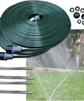Sprinkler Hose And Soaker Hose For Yard 100 Feet Reinforced Flat Garden Hose With Holes shown with stakes and spray display in garden.