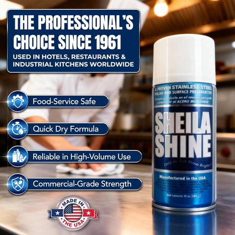 Stainless Steel Cleaner and Polish 10oz on kitchen counter with product highlights: food-service safe, quick dry formula, USA made