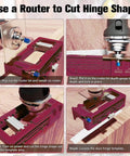 Door Hinge And Latch Installation Kit with Plastic Mortiser Template and Router Guide in use for hinge cutting steps