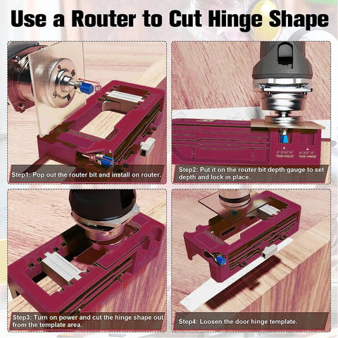 Door Hinge And Latch Installation Kit with Plastic Mortiser Template and Router Guide in use for hinge cutting steps