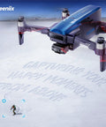 Beast Of A Drone With 8K Photos And 4K Video, 3-Axis Gimbal captures skier below, text reads 'Capturing Your Happy Moments From Above'