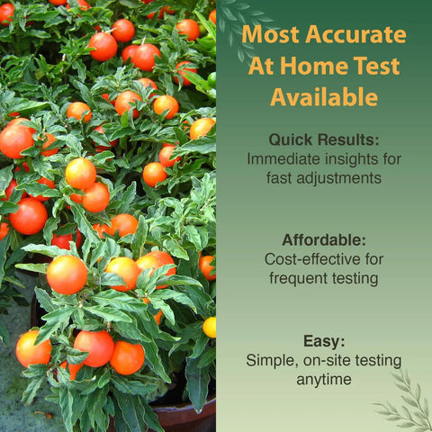 40 Test Soil Kit For Lawns Gardens And Vegetables With Ammonia Nitrogen pH Phosphorus And Potassium Readings shown with tomatoes.