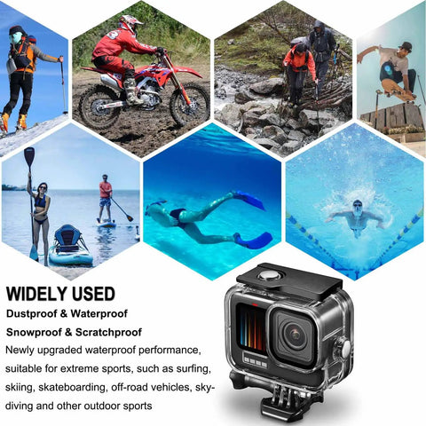 GoPro Hero 9 10 11 12 13 Waterproof Housing Case 60M Dive Shell With Floating Hand Grip for extreme sports and underwater use.