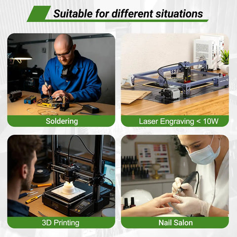 Image showing applications for Beast Solder Fume Extractor For Soldering And Laser Work, 105W Motor Delivers 260m3/h Suction.