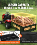 Heavy Duty ATV Trailer Steel Dump Cart 750 Lb Capacity 15 Cu Ft loaded with logs attached to riding lawn mower