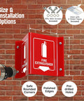 Projecting Fire Extinguisher Sign With Down Arrow, Two Sided Wall Mount Corridor V Sign, Polished Acrylic White On Red, 5 By 6 Inches