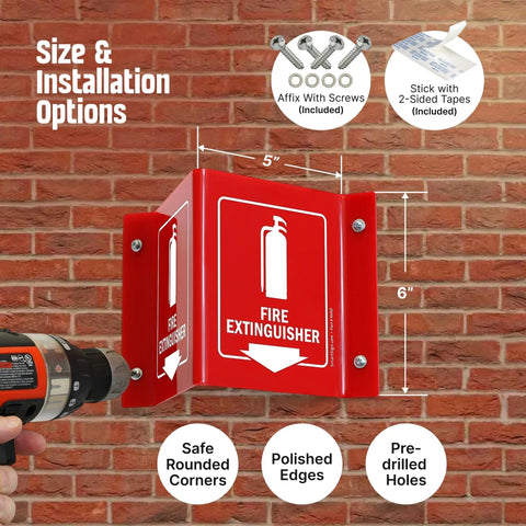 Projecting Fire Extinguisher Sign With Down Arrow, Two Sided Wall Mount Corridor V Sign, Polished Acrylic White On Red, 5 By 6 Inches