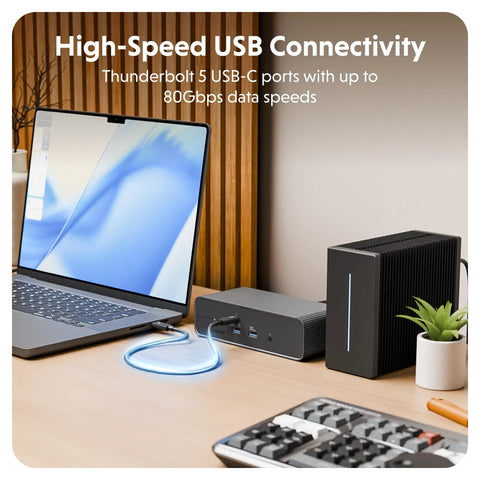 Badass Thunderbolt 5 Dock With Built In Ssd Enclosure, 120Gbps Desktop Hub For Mac And Pc, Thunderbolt 5 USB-C ports on desk setup, laptop and dock.