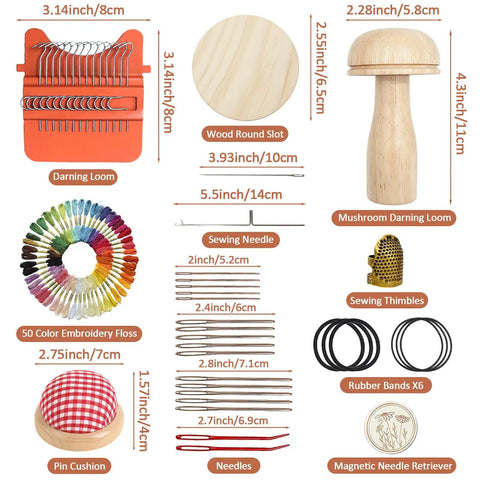 Speedweve Darning Mini Loom Kit With 50 Color Threads For Quick Sock And Jeans Mends, includes loom, mushroom egg darning, tools