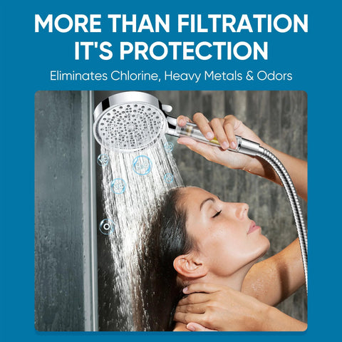 Chrome Cobbe filtered shower head with handheld, 6-spray mode and water-softening beads.