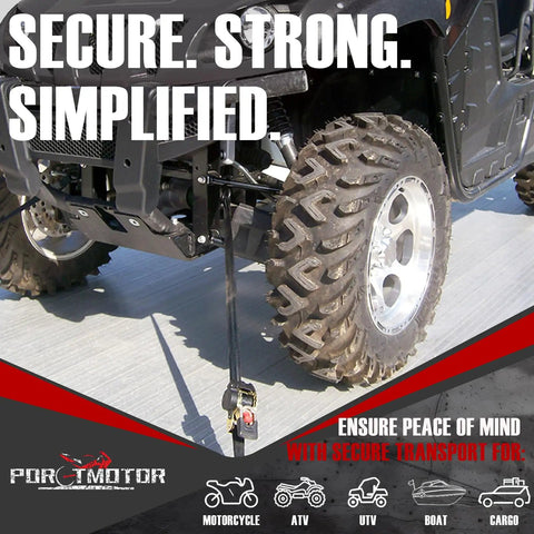 No Sweat Auto Retracting Ratchet Straps 2 Pack 2 In By 9 Ft With 3000 Lbs Break Strength securing an ATV for transport.