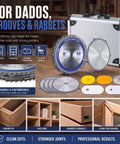Top Shelf 8 Inch Stacked Dado Blade Set Packing 42 Razor Sharp Teeth And 24 Precision Shims For Standard Five Eight Inch Arbor Table Saws displayed with case and components.