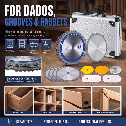 Top Shelf 8 Inch Stacked Dado Blade Set Packing 42 Razor Sharp Teeth And 24 Precision Shims For Standard Five Eight Inch Arbor Table Saws displayed with case and components.