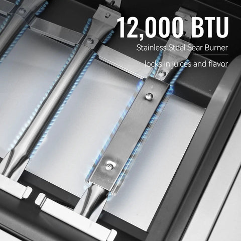 12,000 BTU stainless steel sear burner on a Five Burner Propane Gas Grill With Side Burner In Stainless Steel For Patio