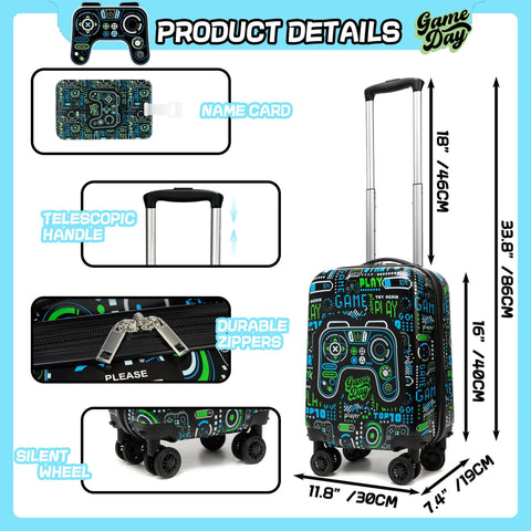 Front view of 16-inch hardside kids' luggage, 3-piece set with spinner wheels in blue-green game-pattern
