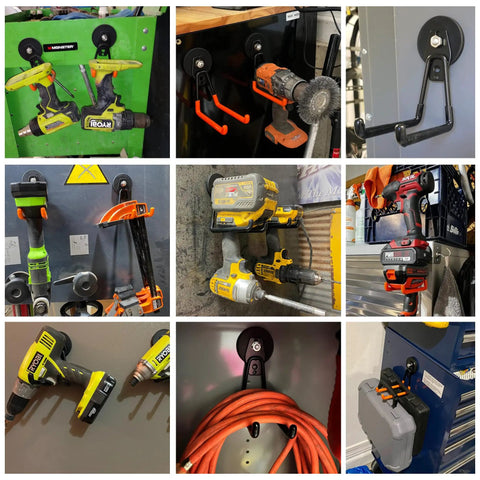Grid of tools on Magnetic Power Tool Organizer for Garage and Workshop Tough As Nails Heavy Duty 2 Pack Rubber Coated Magnetic Hooks