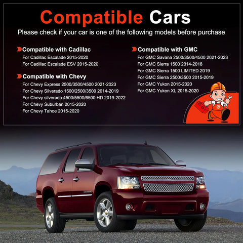 Compatibility list for GM vehicles with a red Chevy SUV for Alternator Replacement For 2015 To 2020 Chevy Suburban And Tahoe.
