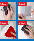 Steps using No Fuss All In One Drywall Repair Kit With 8 Oz Spackling Compound 4 Inch By 4 Inch Adhesive Metal Patch Knife Sandpad
