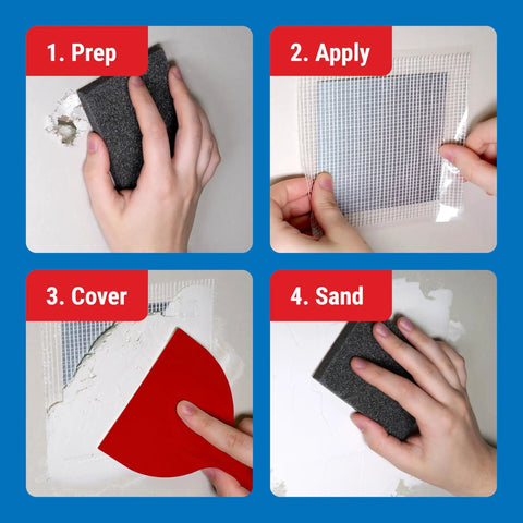 Steps using No Fuss All In One Drywall Repair Kit With 8 Oz Spackling Compound 4 Inch By 4 Inch Adhesive Metal Patch Knife Sandpad