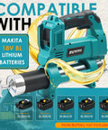 Cordless Grease Gun For Makita 18V Battery, 12000 PSI High Pressure, displayed with compatible batteries.