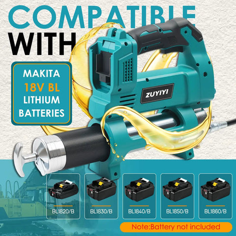 Cordless Grease Gun For Makita 18V Battery, 12000 PSI High Pressure, displayed with compatible batteries.