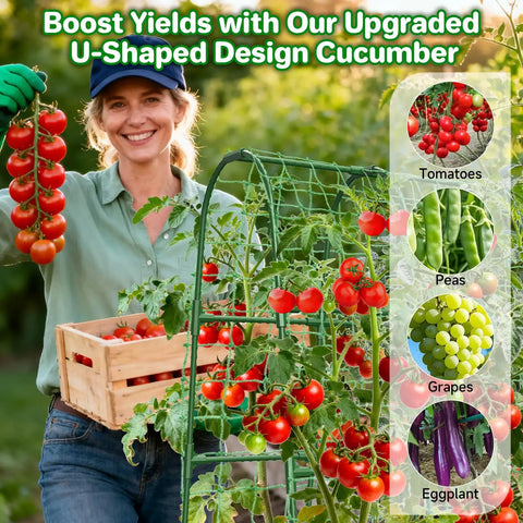 Gardener with tomatoes on U Shaped Garden Trellis for Raised Beds Outdoor Climbing Plants, Built Tough Metal Arch Support