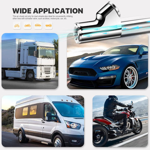 14 Inch Extended Reach Dual Head Air Chuck With Two Way Connection One Quarter Inch FNPT Straight Lock On Tire Inflator Kit