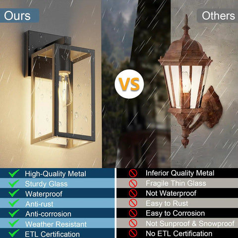 Slick Matte Black Outdoor Wall Sconce With Clear Glass And Rock Solid Frame For Front Door Waterproof Porch Lantern comparison with inferior design and features.