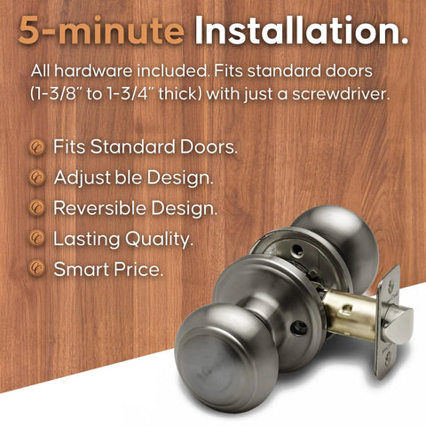Interior Door Knob Passage Handle For Bedrooms And Bathrooms And Closets, Reversible, Heavy Duty Non Locking Door Hardware