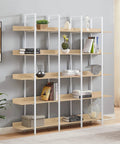 Five Tier Industrial Bookcase With White Metal Frame And Oak Shelves, Space Saving MDF Display Shelf in living room