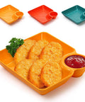 12 Piece Chip and Dip Serving Platter Set BPA Free Plastic Snack Trays With Built In Sauce Compartments holding crispy potato patties