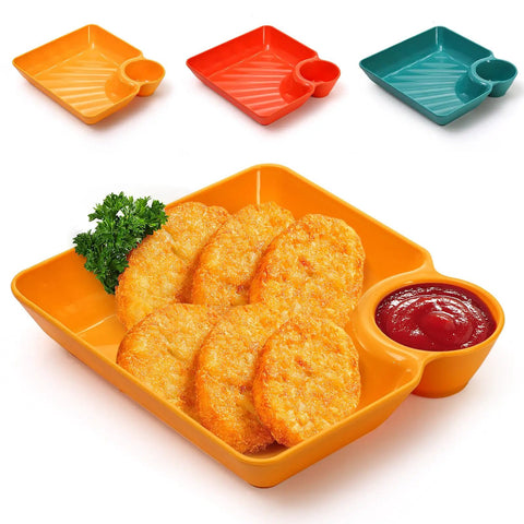 12 Piece Chip and Dip Serving Platter Set BPA Free Plastic Snack Trays With Built In Sauce Compartments holding crispy potato patties