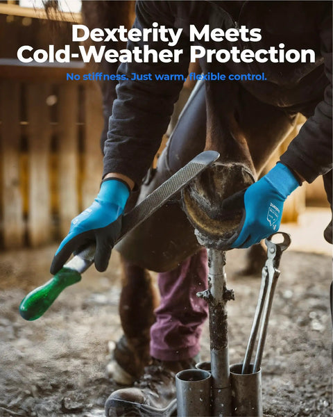 Person using blue Waterproof Winter Work Gloves for Men and Women, ANSI A4 Cut Resistant, Tough As Nails Protection gloves outdoors.