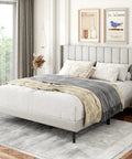 Built Heavy Duty Queen Bed Frame With Upholstered Wingback Linen Headboard Easy Assembly Platform Bed Wooden Slat Support No Box Spring Needed Rock Solid Bedroom Foundation Sand in a bright bedroom with art and decor.