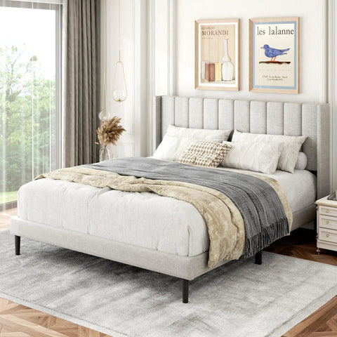 Built Heavy Duty Queen Bed Frame With Upholstered Wingback Linen Headboard Easy Assembly Platform Bed Wooden Slat Support No Box Spring Needed Rock Solid Bedroom Foundation Sand in a bright bedroom with art and decor.
