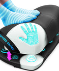 Adjustable Cloud Foot Rest Under Desk For Work Memory Foam Foot Stool With Pressure Point Nodes, shown being used with blue striped socks.