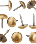 Knockout Vintage Brass Cap Tacks Rock Solid For Upholstery And Wood Furniture No Sweat Installation Heavy Duty Bronze Thumb Pins For Rustic Home Makeovers 10 Pack seen from multiple angles with flat heads and sharp tips.
