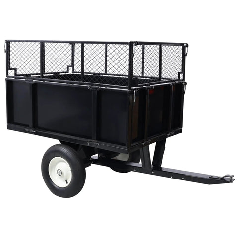 Heavy Duty Steel Dump Trailer 22 Cu Ft Capacity With All Terrain Tires 750 Lb Load Ideal For Rural Property Maintenance Landscaping Gardening And Hauling Materials Across Rough Terrain Hauls Big Loads - side view with mesh sides.