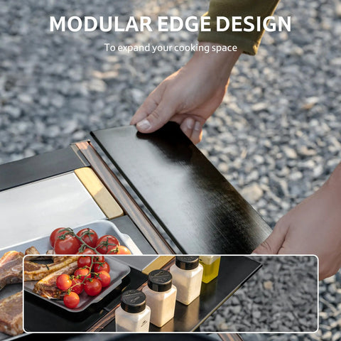 Height Adjustable IGT Camping Table With Detachable Edge Mount For Extra Storage showing modular edge design with food items