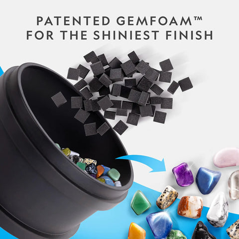 Rock Tumbler Kit With Extra Large 3 Lb Barrel, 3 Speed Motor, showing tumbler, rocks, and polishing grit for gemstones.