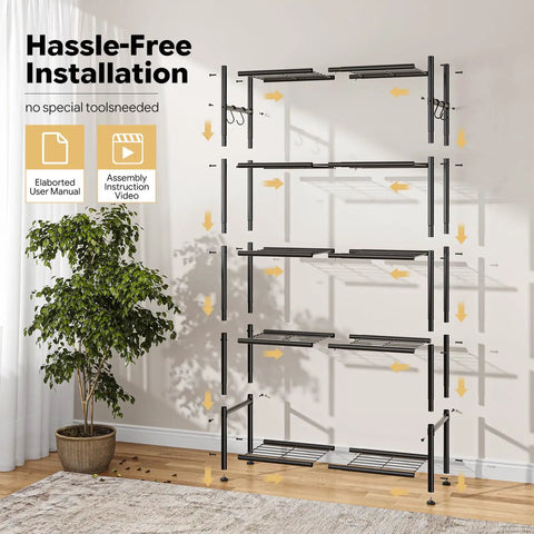 Rock Solid 5 Tier Metal Storage Shelf Heavy Duty Vertical Shelving Unit With Hooks 33.5 Inch Wide Anti Rust Finish Holds 1000 Lbs Built Tough For Garage Closet And Bedroom Total Organization Game Changer