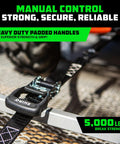 Heavy Duty Ratchet Straps Kit Four Pack 1.6 Inch By 8 Feet With 5000 Lb Break Strength shown securing cargo with S hooks