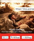 Children asleep in bed with smart plug voice control, Whisper: 'Alexa, good night.' Uses Alexa or Google with SmartThings.