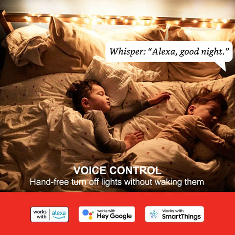 Children asleep in bed with smart plug voice control, Whisper: 'Alexa, good night.' Uses Alexa or Google with SmartThings.