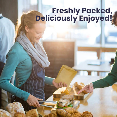 Woman packing sandwich in Greaseproof Paper Sandwich Bags 200 Pack 7 By 6 By 1 Inches Unbleached Brown Bags For Bakery